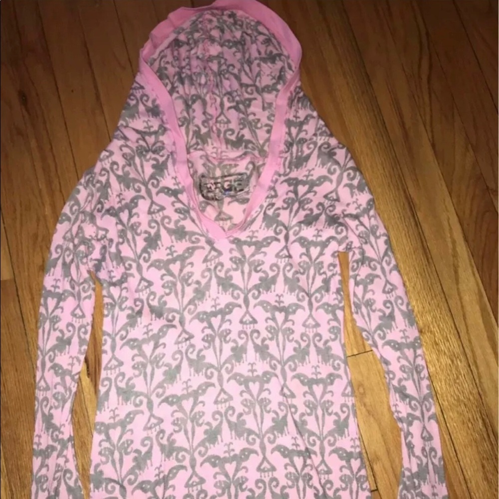Erge Designs Pink Gray Baroque Floral Thermal Knit Top Long Sleeve Hooded Sz XS